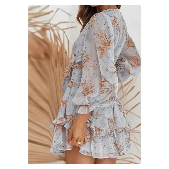 Blue floral chiffon long sleeve smocked waist tie bust tiered ruffle mini dress - Picture 2 of 8